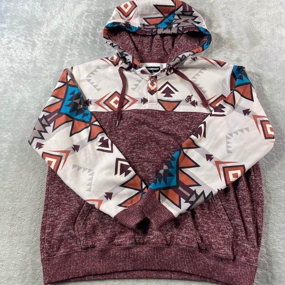 Hooey Hoodie Pullover Mens XL Burgundy Aztec Henley Southwestern Geometric